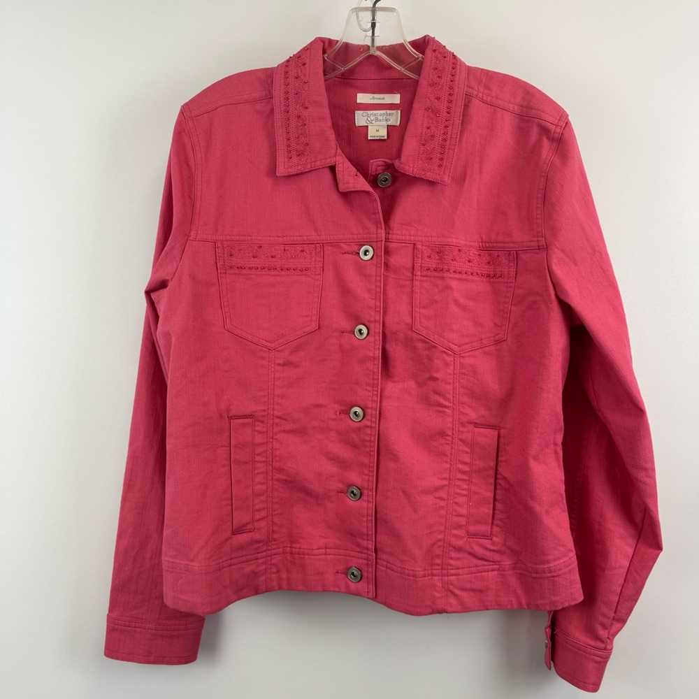 Christopher & Banks Stretch Jean Jacket Womens Sz. M Cotton Pink Beaded Chambray
